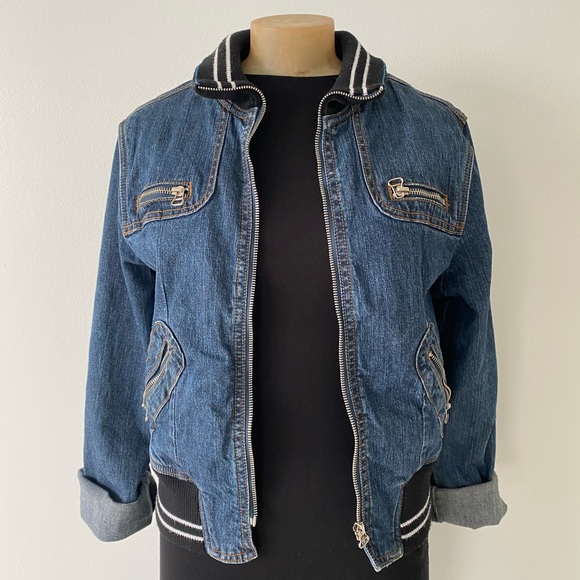 VIGOSS | denim bomber varsity jean jacket - Picture 2 of 11